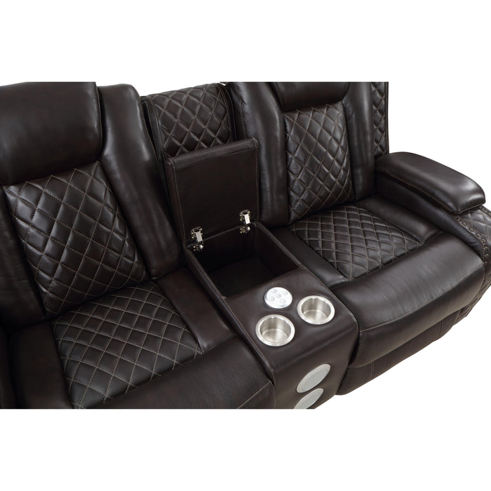 JOSHUA LEATHER CONSOLE LOVESEAT W/ PWR FR & HR-DK BROWN